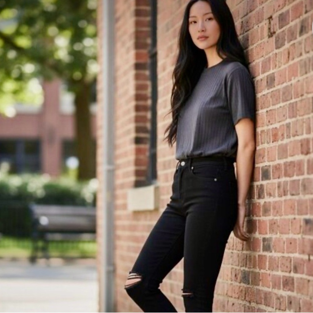 Reformation Black High Rise Ankle Jeans in Faded Black Destroyed Wash